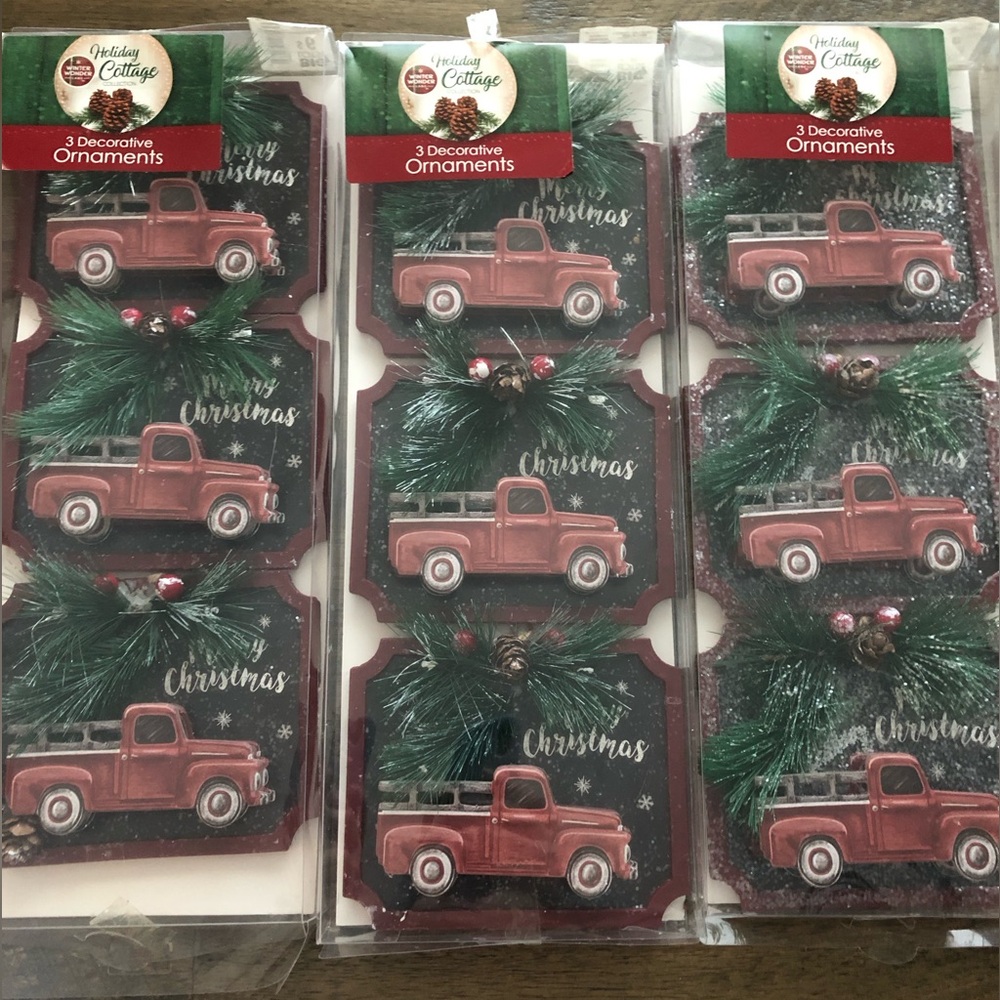 Holiday cottage Christmas truck ornament set